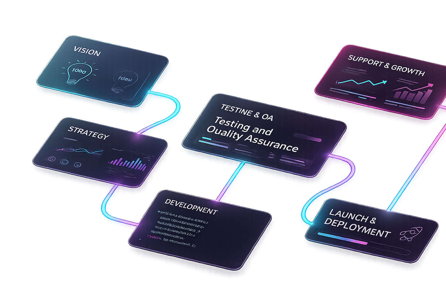 Project lifecycle — vision, strategy, development, QA, launch, and support