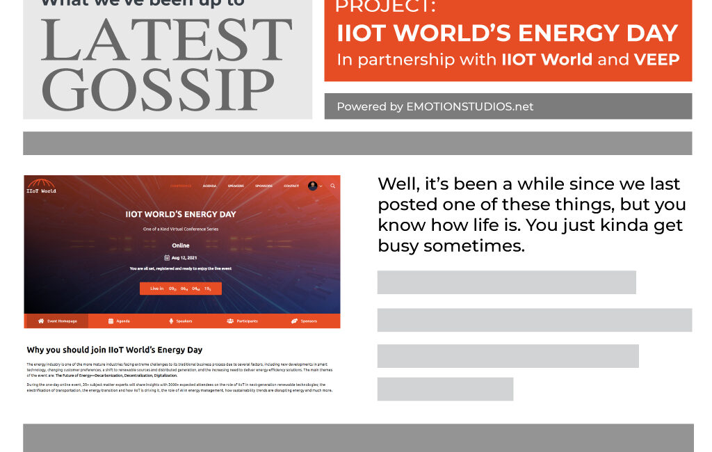 Overview of upcoming events and updates from EMOTIONstudios, including IIoT World’s Energy Day and new website features.