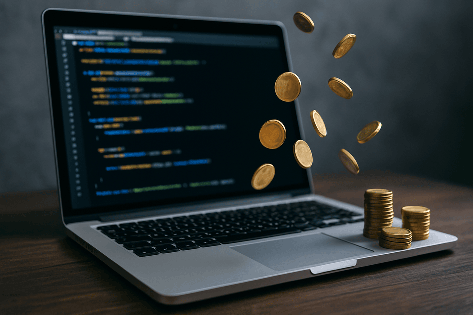 A laptop displaying clean WordPress code with floating gold coins, symbolizing the cost-saving benefits of well-structured development